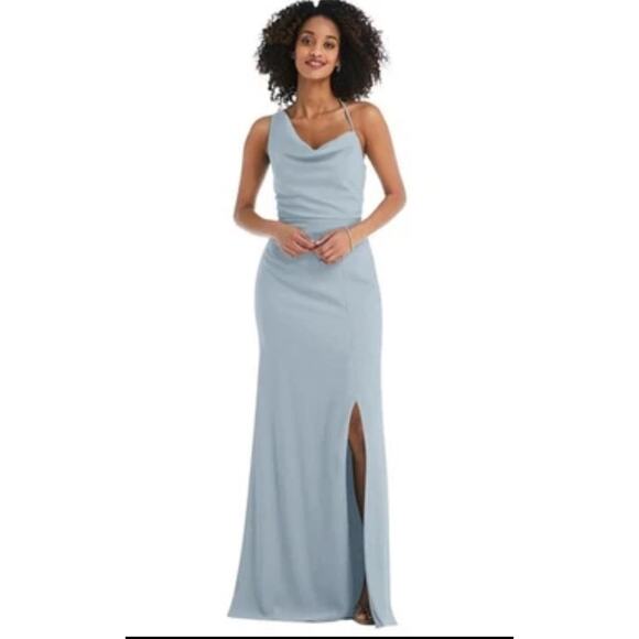 After Six 6849 Mist Blue 1 Shoulder Draped Cowl Neck Maxi Pageant Prom Dress 8R - Picture 1 of 6